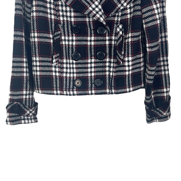 Wet Seal Peacoat Cotton Blend Double Breasted Plaid Cropped Collared Jacket - Picture 7 of 13